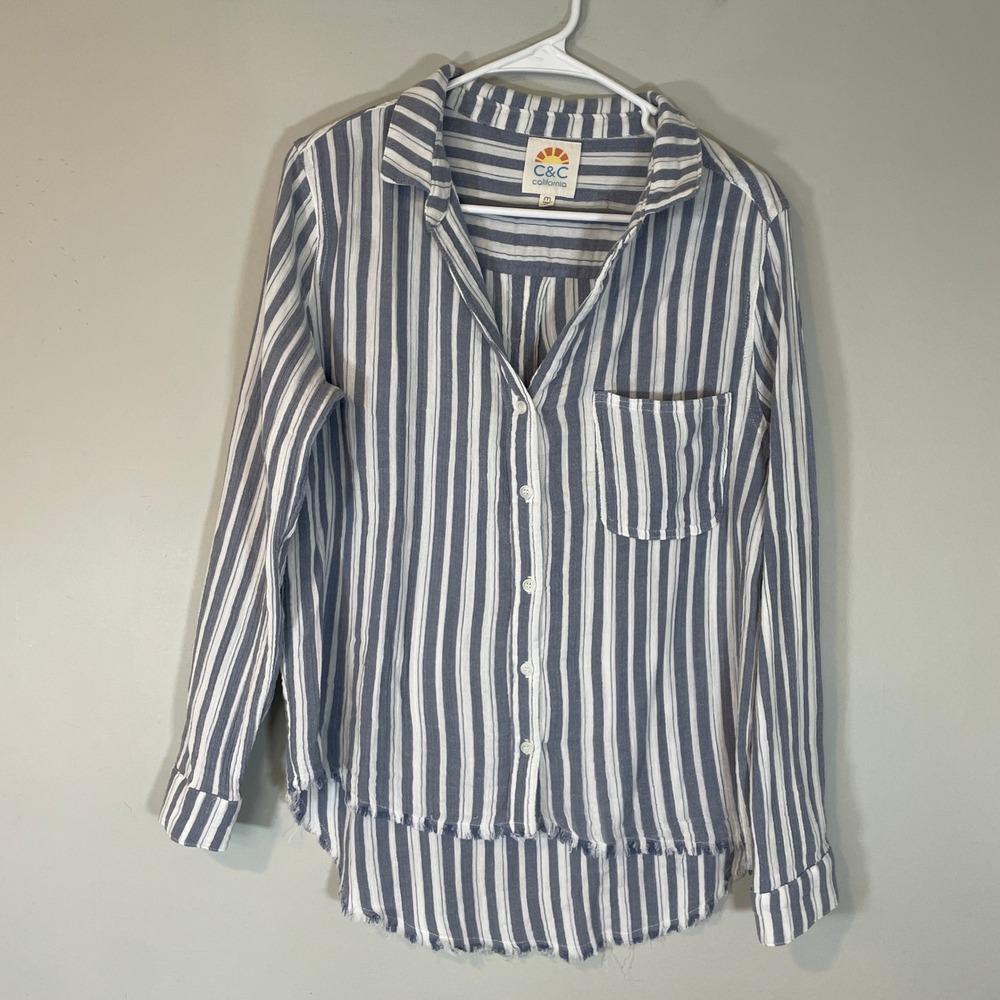 C&C California Blue White Striped Cotton Button Down Raw Hem Shirt Womens Medium